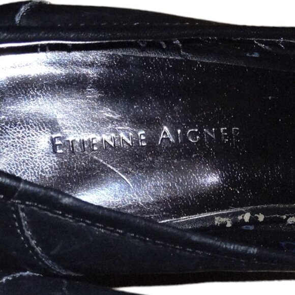 🏖️ETIENNE AIGNERE BLACK LEATHER PUMPS W STACKED HEEL & PEWTER LOGO - Picture 6 of 8